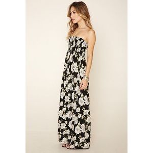 F21 black floral strapless maxi dress